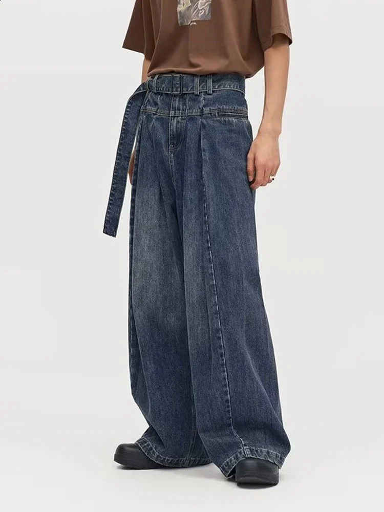 HOUZHOU Baggy Jeans Mens Distressed Denim Wide Leg Pants with Oversized Wrinkles Hip Hop Street Clothing 240819