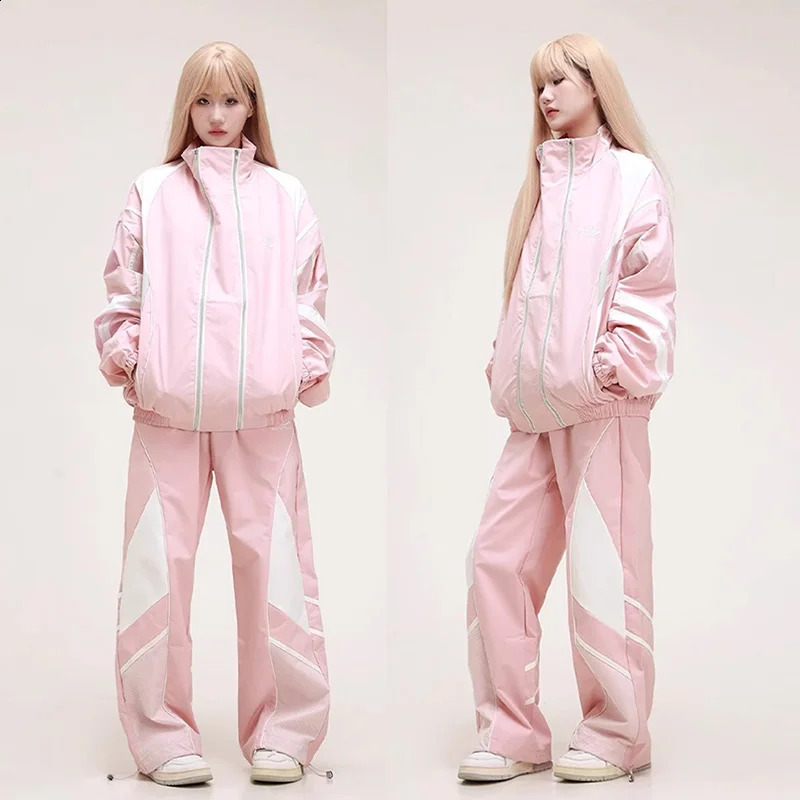 2piece American style High Street Sports Wear womens color matching jacket sports pants Hip Hop Dance Tracksuit set 240819
