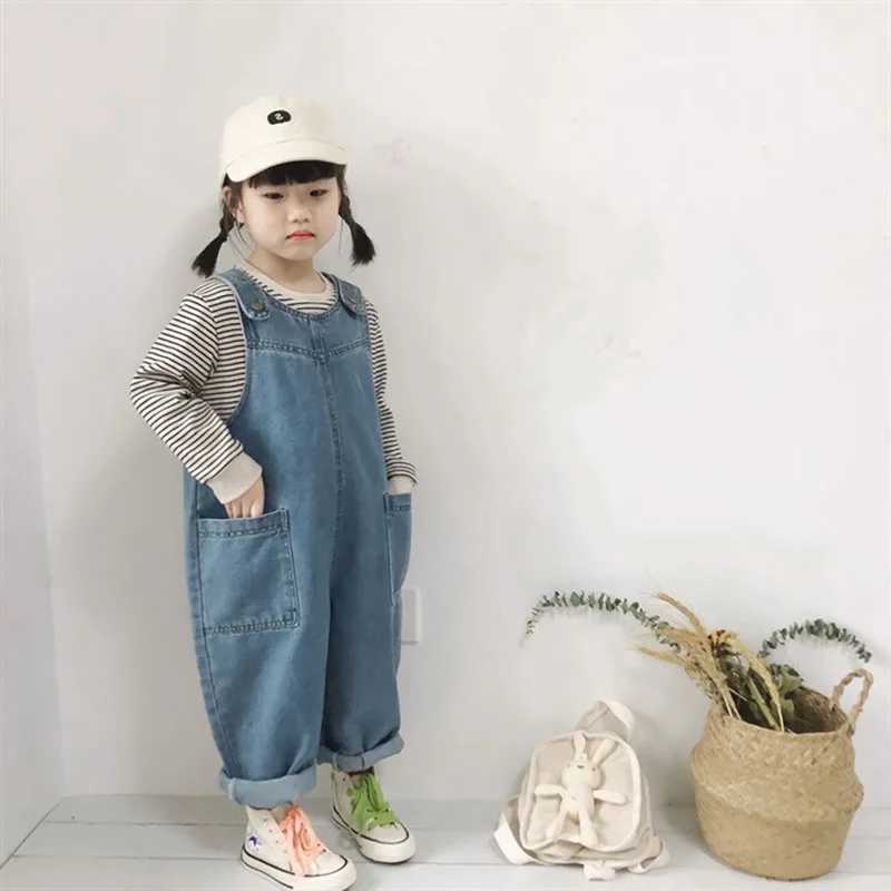 Milancel Autumn childrens clothing fashion girl full set solid denim pants childrens jumpsuit options striped shirt W240806