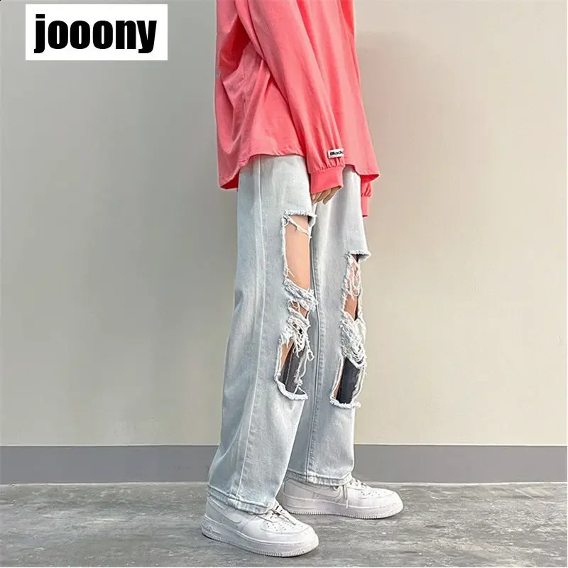 Fashion Y2K European American Personalized Loose Straight Leg Long Pants American Streetwear Hip Hop Retro Perforated Jeans Mens 240819