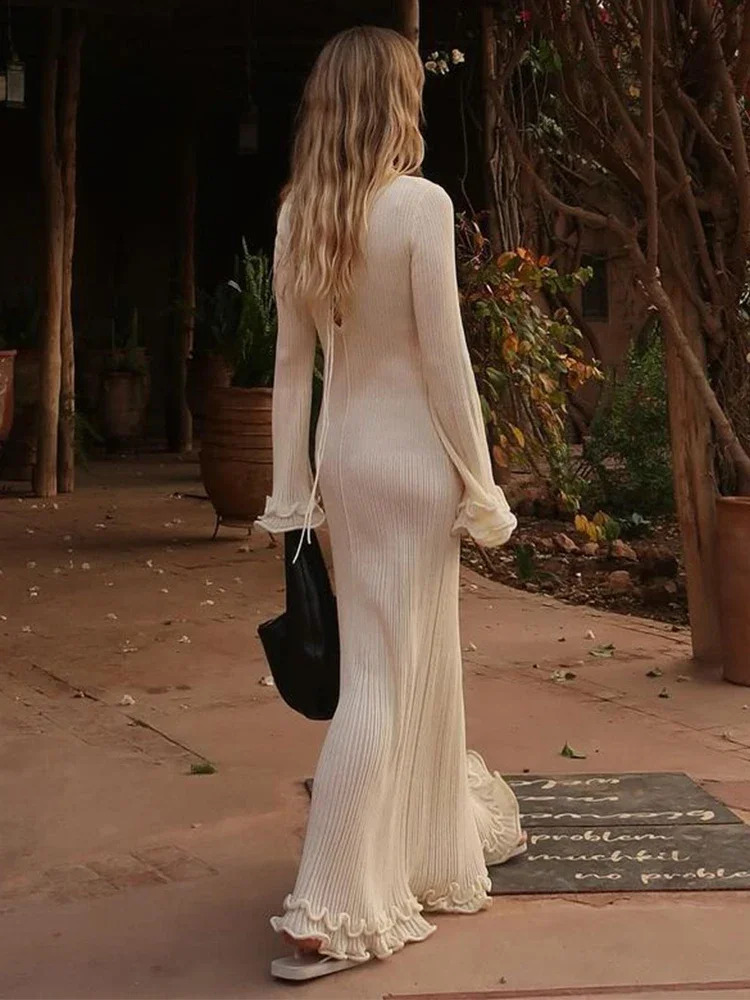Elegant White Knitted Fishtail Dress Women Chic Flare Long Sleeve Lace Up Round Neck Vestidos Female High Street Robes 240819