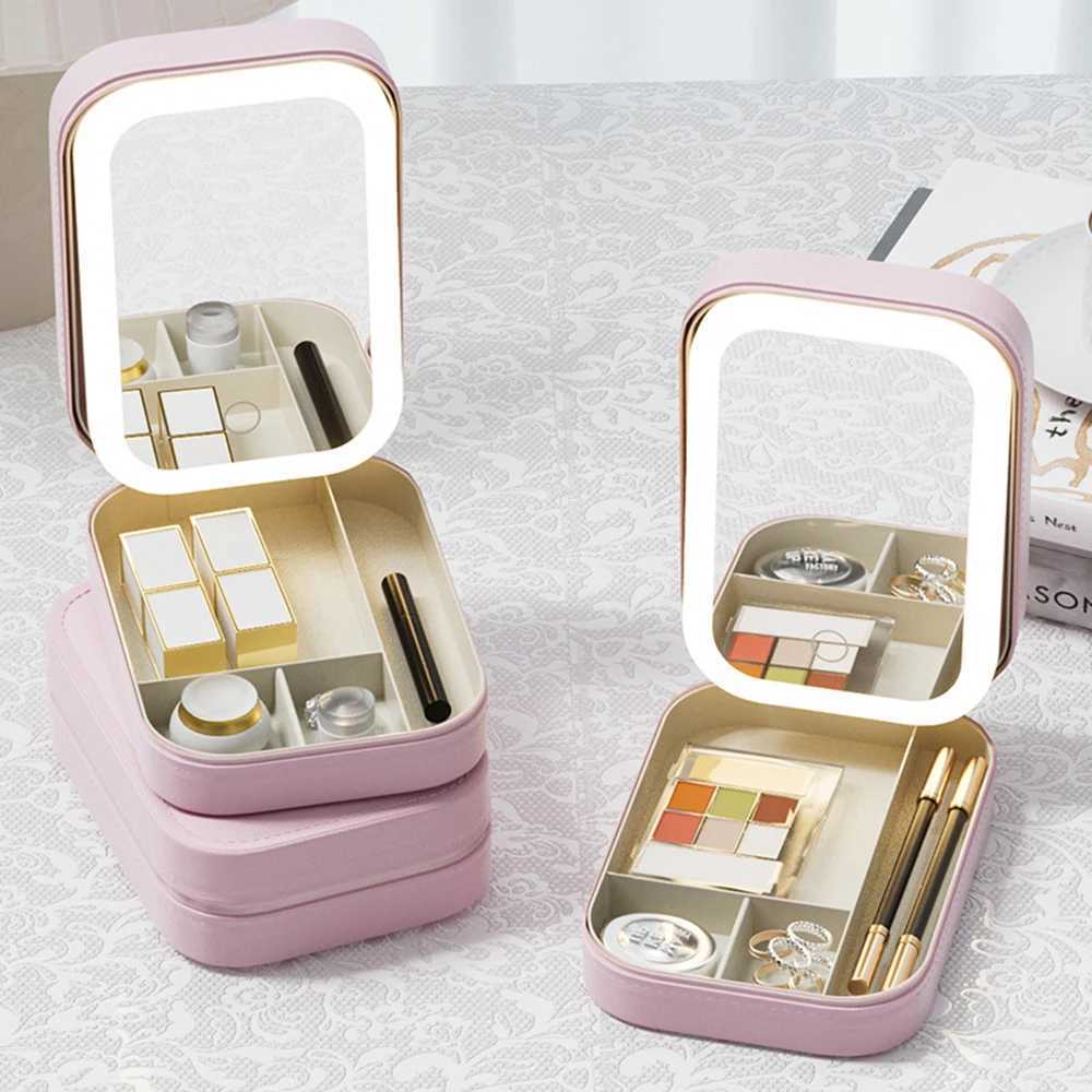 Makeup Storage Box With Led Light Mirror Portable Travel Makeup Cosmetics Jewelry Storage Box Touch Light Storage Organizer Y240819