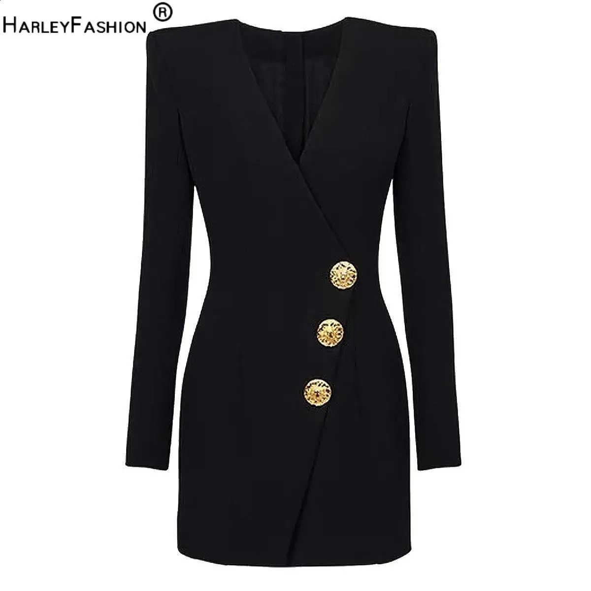 Fall Winter Sexy V-neckline Single-breasted Long Sleeve Women Office Blazer Short Mini Slim Black Dress 240819