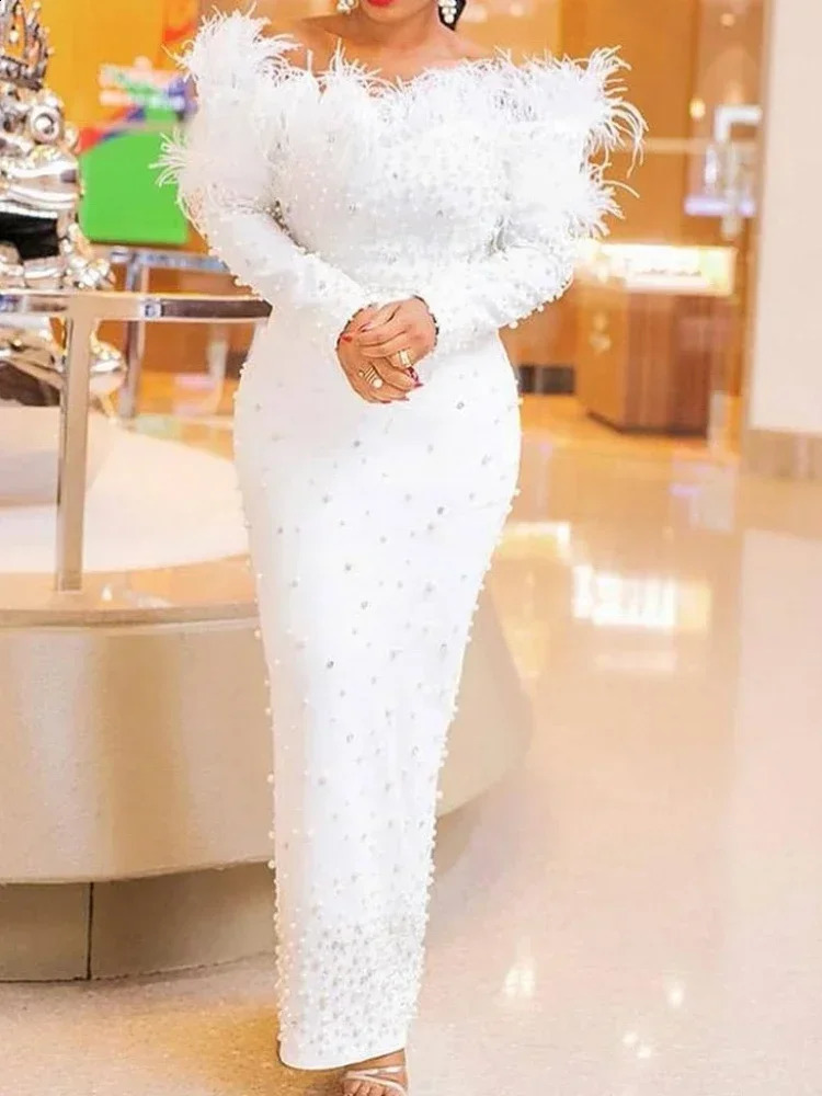 African Dresses for Women Spring and Autumn African Women Long Sleeve White Plus Size Long Dress African Clothes 240819
