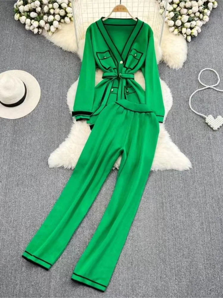 Autumn Knitted 2 Two Piece Set Women Striped Print Korean Ladies Cardigans High Waist Fashion Casual Wide Leg Pants Woman 240819