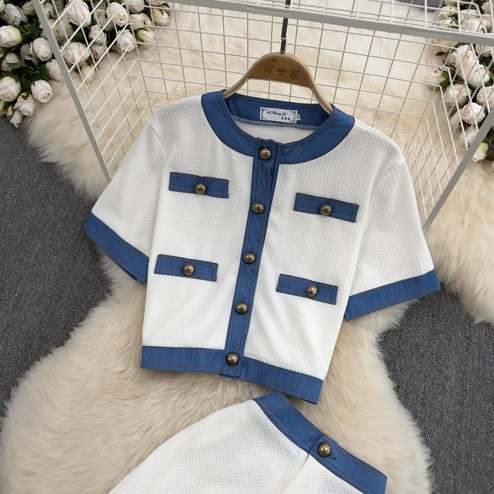 Women 2 Pieces Clothing Sets O-Neck Short Sleeve Patchwork Button Tops High Waist Split Straight Trousers Suits Outfits 240819
