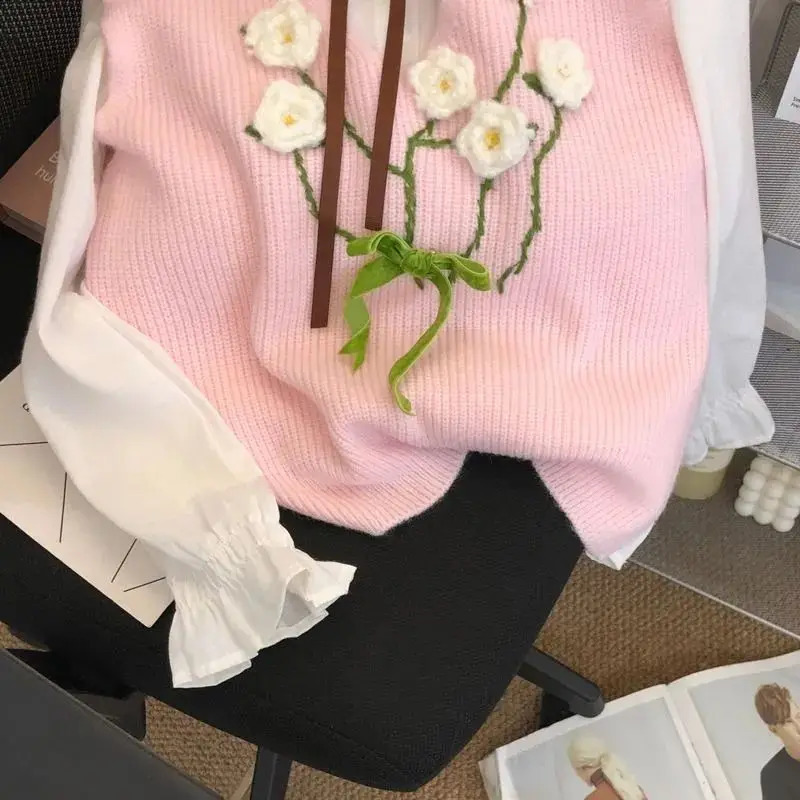 Autumn Sweet Bright Thread Decorative Knitted Sweater Womens Kawaii Collar Long Sleeve Shirt Cute Two Piece Set 240819