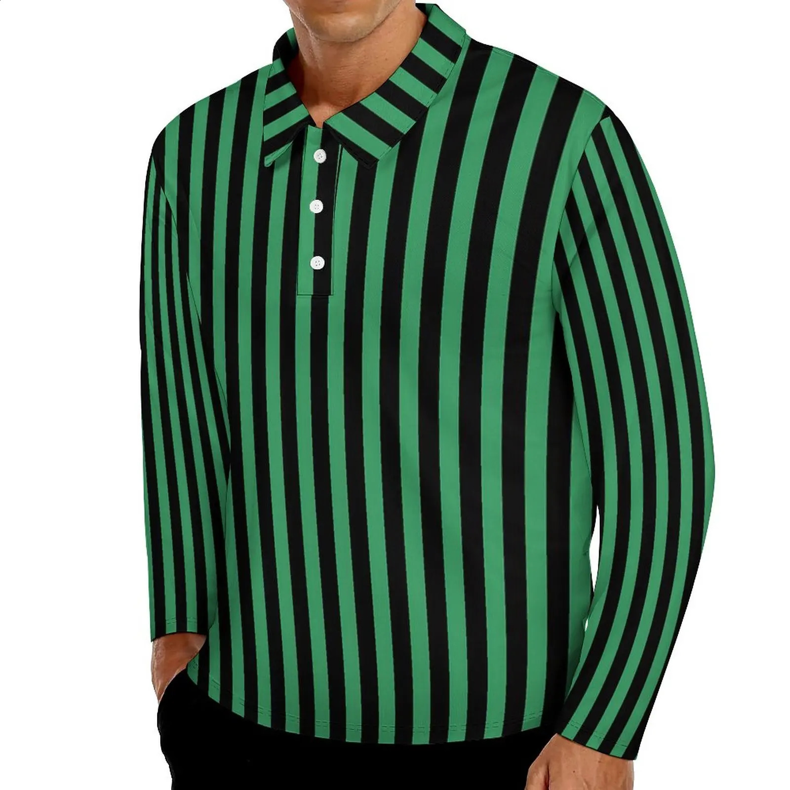 Candy Striped Casual T-Shirts Mens Green and Black Long Sleeve Polo Shirts Turn-Down Collar Vintage Daily Printed Shirt 4XL 5XL 240820