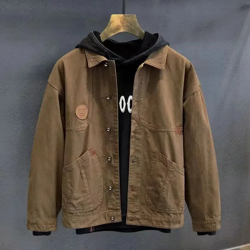 Mens wide sleeved denim jacket mens cargo brown retro large winter loose highquality L original Korean 240809
