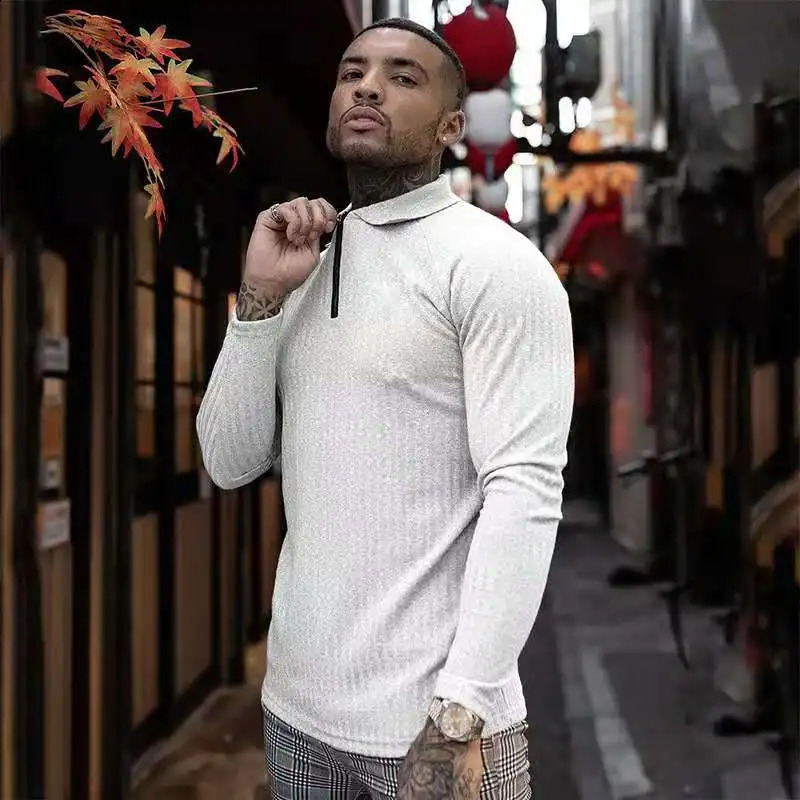 Fashion Long Sleeve Polo Shirt Men Solid Ribbed Printed Casual Lapel Zipper Pullover Tops Slim Men Fitness Polo Shirts 240820