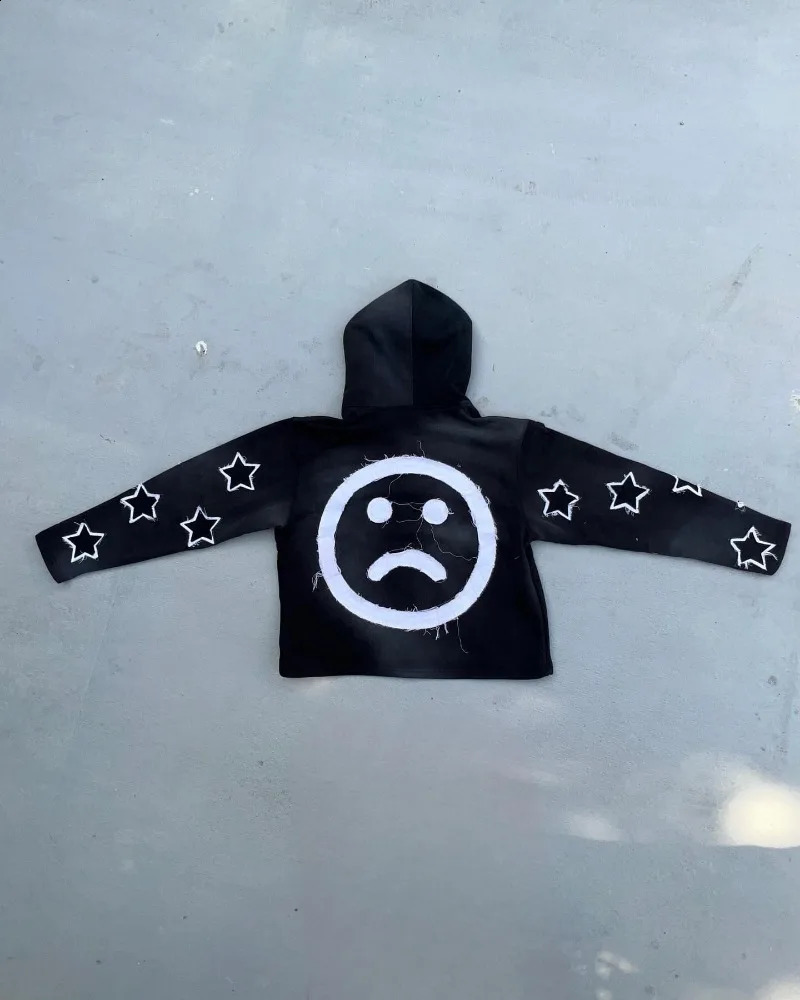 Punk Harajuku Loose Hoodie Alphabet Star Embroidered Zipper Womens Street Retro Couple Sweater 240819
