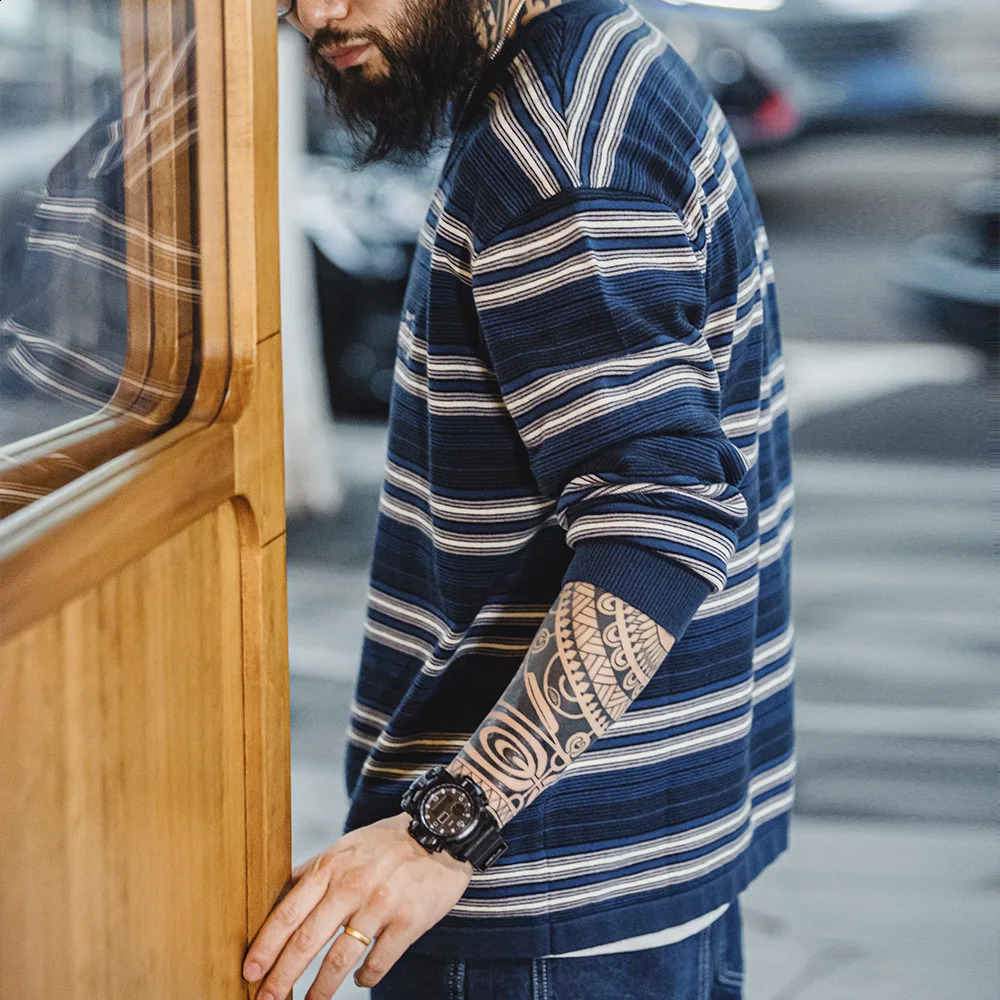 Maden Casual Contrast Striped Knit Pullover Cityboy Blended Round Neck Long-sleeved T-shirt for Mens Spring Tops 240820