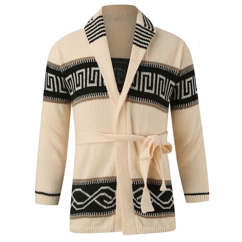 Fashion Mens Warm Sweater Cardigan Autumn Winter Retro Jacquard Knitted Sweater Male Thick Lace-Up Waist Cardigan Sweater Coats 240819