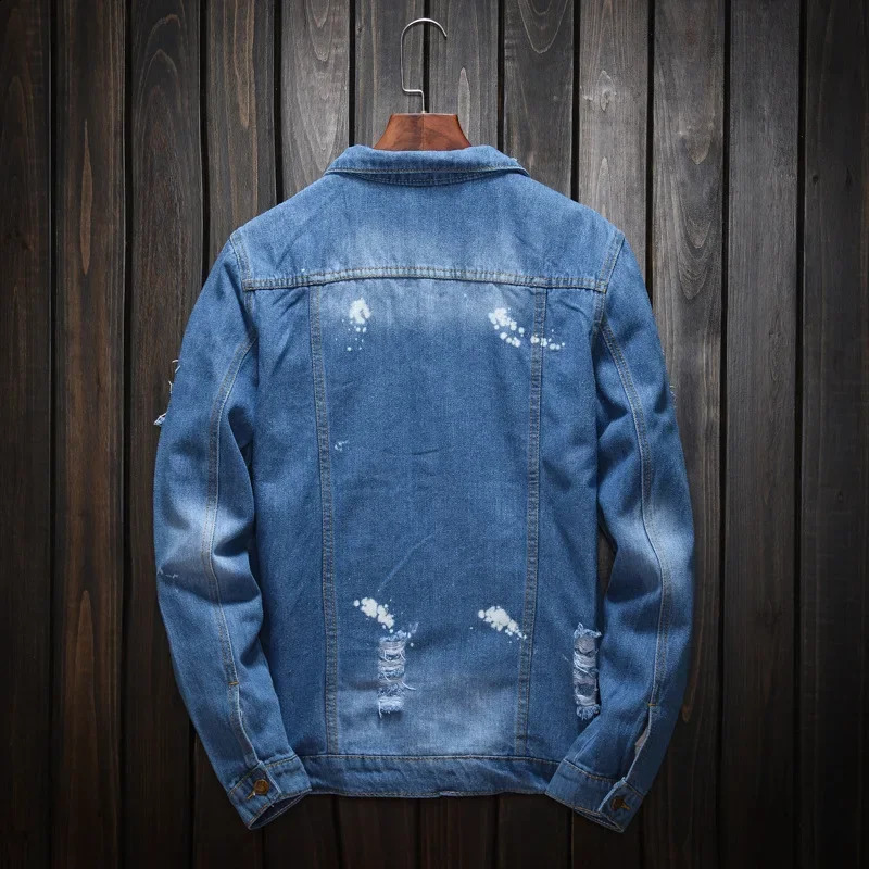 Jacket Men Blue Jeans Coat Clothing Hole Plus Size Denim Spring Autumn Young Casual Hippie Clothes Distressed Jackets 240819
