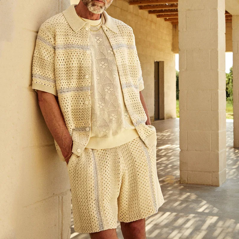 Mens Sets Summer Knitted Cardigan Shorts Color-Blocked Two-Piece Suit Men 240819
