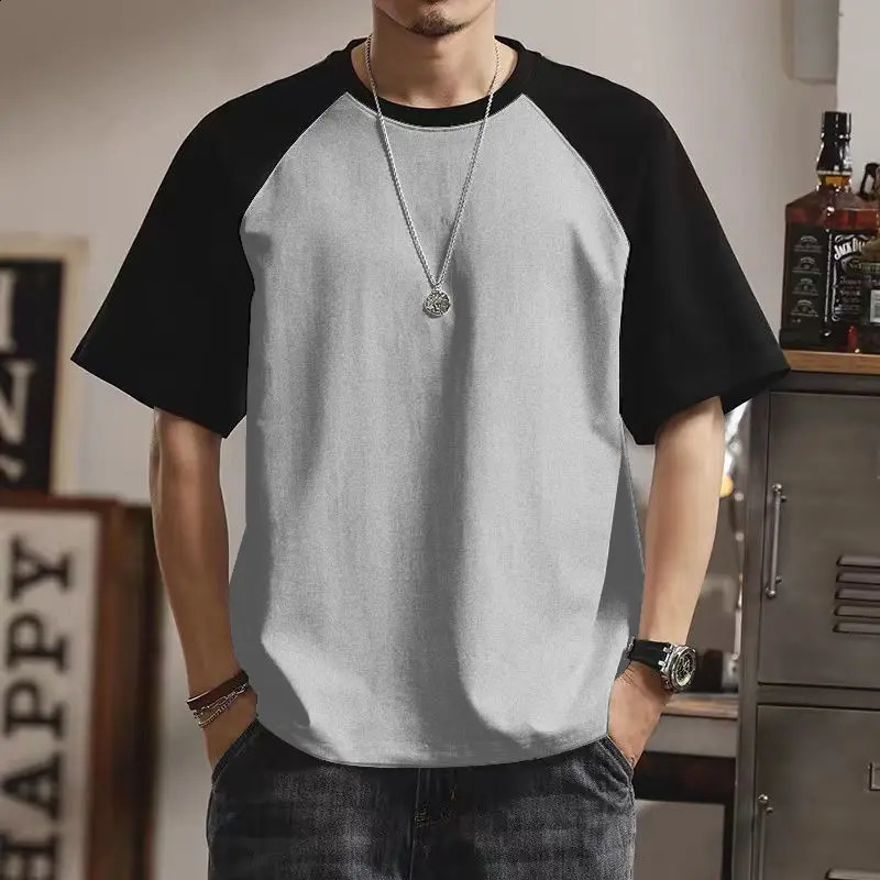 Summer Fashion Korean Mens Panel Round Neck Short Sleeve Tshirt Splicing Work Simple Casual Solid Raglan Top 240819