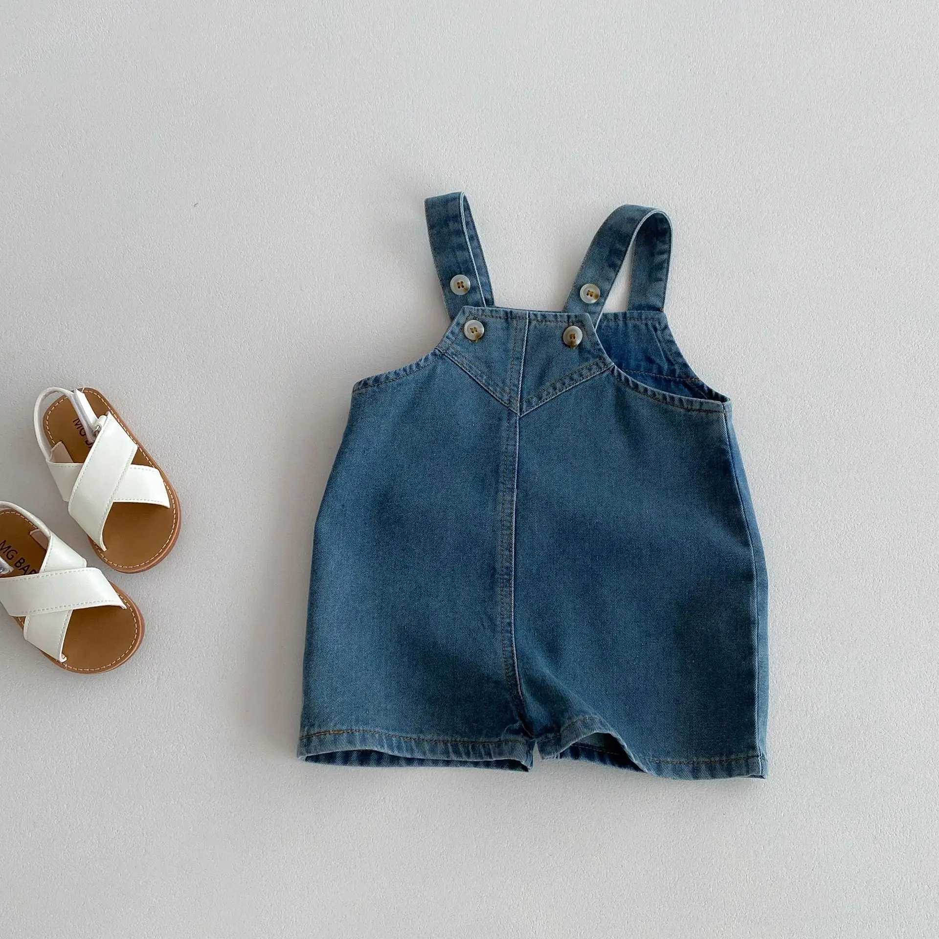 2024 summer new childrens solid set cute girl denim set baby boy with short sleeved childrens jumpsuit toddler clothing W240806