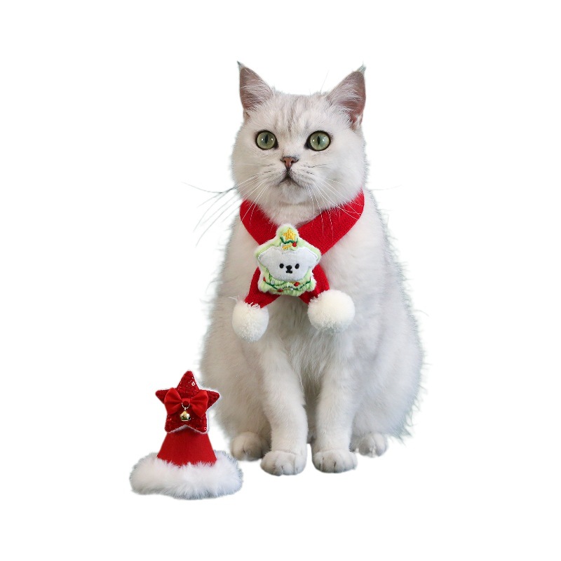 2024 New Red Christmas Pet Scarf Cat Dog Christmas Tree Crtoon Ball Knitted Wool Bib Hat Set