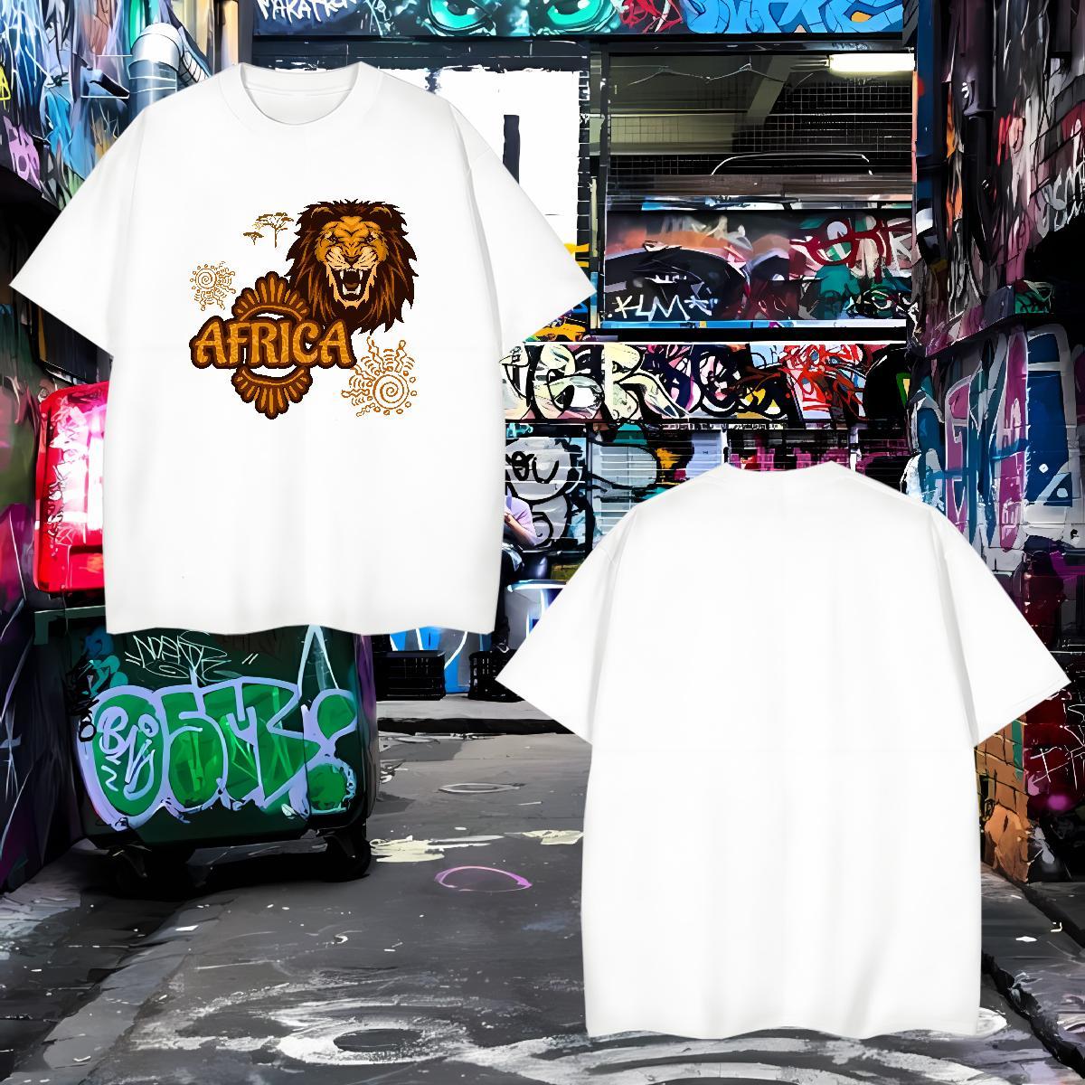 Fashion Men Tees Africa lion Home Outdoor 230g 100% Cotton Tops Shirt Crew Neck Comfortable T shirt Cartoon Print