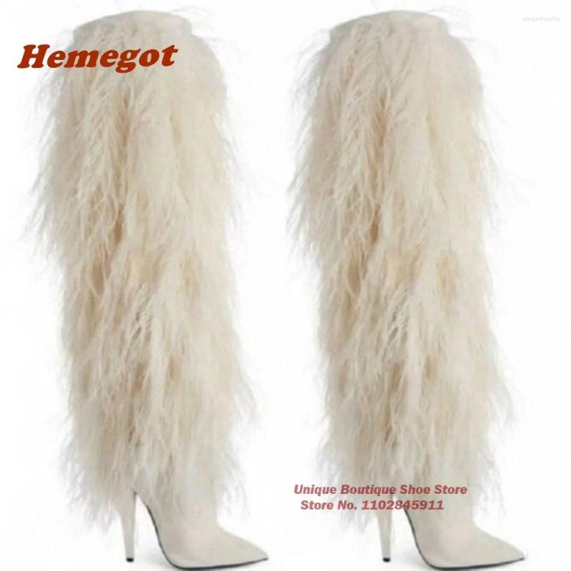 Boots Black Furry Knee-Length Pointed Toe Stiletto Heels Women's Long Winter 2024 Est Casual Runway Shoes Warm Luxury
