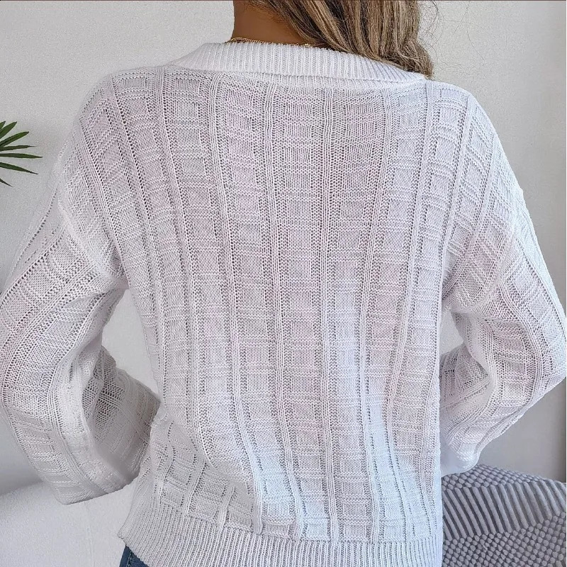 Autumn and winter womens Pullover polo long sleeved solid plain loose office fashionable casual knitted sweater top 240819