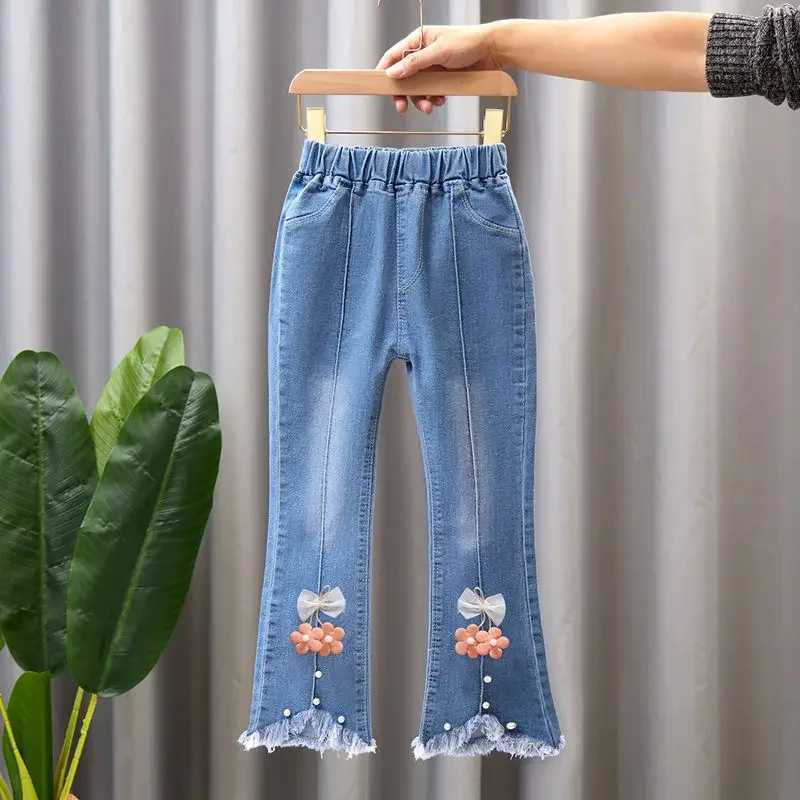 Baby girl jeans casual Trouser childrens flower bow bell bottom jeans autumn spring sparkling jeans childrens pants 4-10 yearsW240819