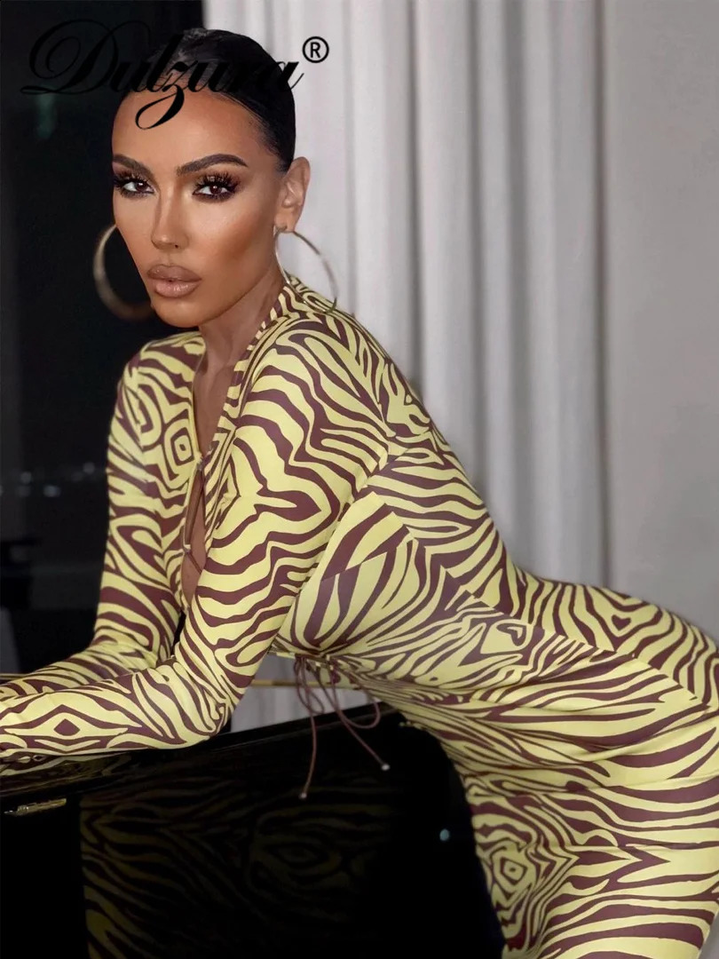 Dulzura Zebra Print Women Long Sleeve Lace Up Hollow Out Midi Dress Bodycon Sexy Streetwear Party Club Festival Clothes 240819