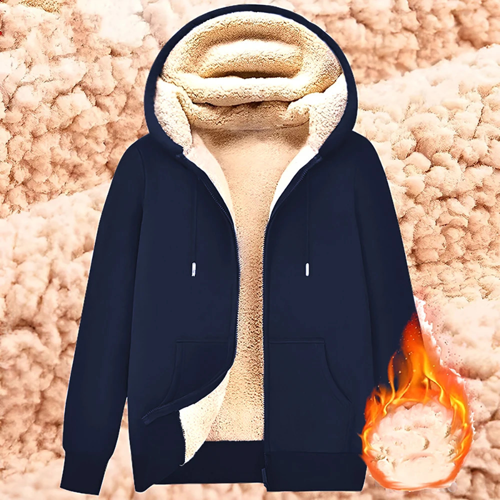Fashionable sportswear jacket with front pocket warm zipper cashmere mens and womens winter solid color plush lining open top hooded sweatshirt 240819