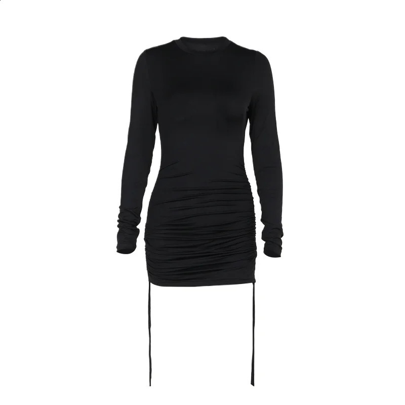 Elegant Back Ruched Mini Dress Club Outfits for Women Sexy Bodycon Long Sleeve Dresses Solid Casual Vestido 240819