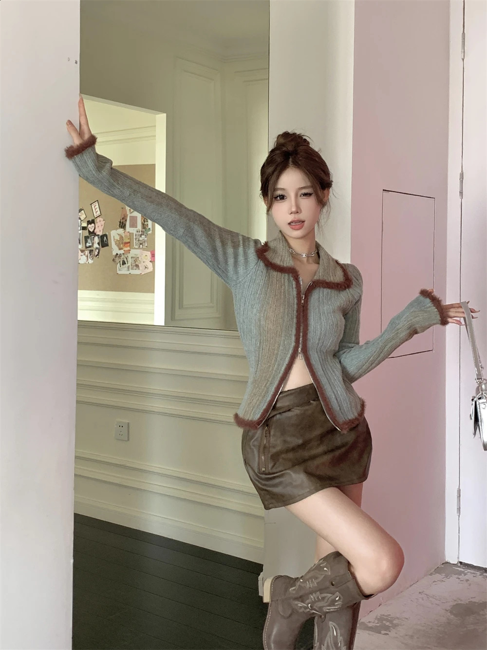 Casual contrasting color cardigan womens autumn long sleeved zipper knitted top with collar n open front sweater 240819