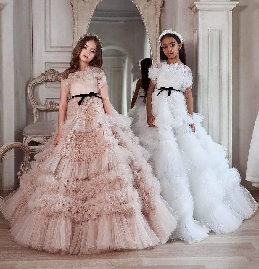 Pink Mini Quinceanera Dresses Ball Gown Strapless Tulle Ruffled Puffy Long Flower Girl Dresses For Weddings Mexican Charro Pageant Dresses Baby