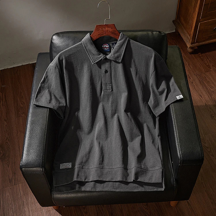 Summer American Retro Short-sleeved Lapel Solid Color Polo T-shirt Mens Simple 100% Cotton Washed Business Casual Tops 240819