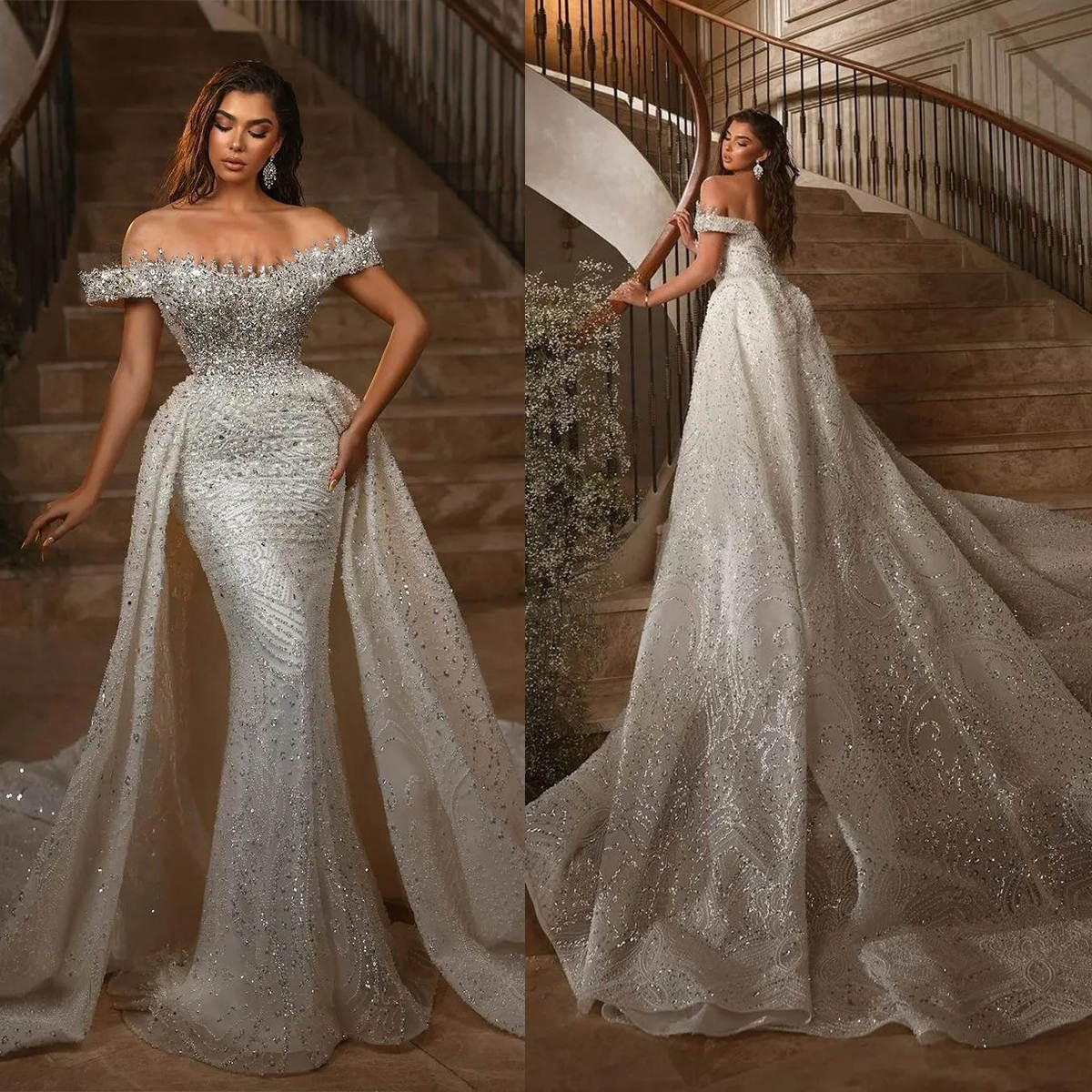 Luxury Mermaid Wedding Dresses Off Shoulder Sleeveless Bridal Gown Sequins Crystal Detachable Train Dress Custom Made