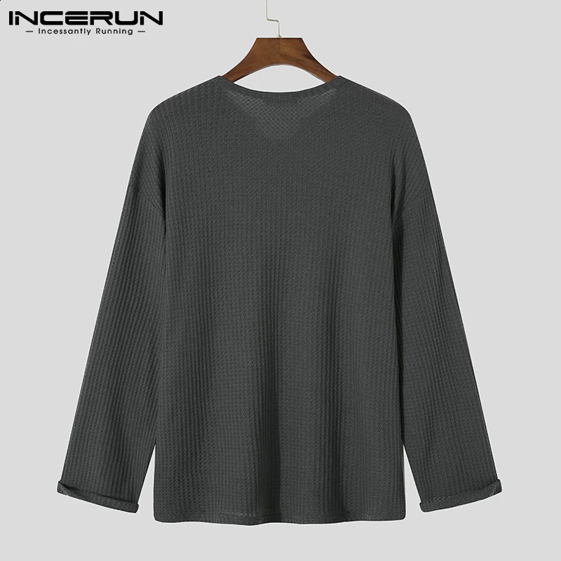 INCERUN Mens T Shirt Solid Color V Neck Long Sleeve Streetwear Korean Tee Tops Loose Fashion Casual Men Clothging S-5XL 240820
