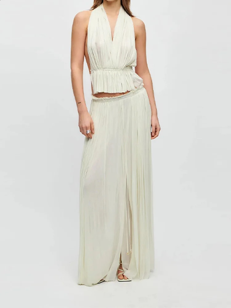 Elegant Pleated Backless Halter Top Skirt Sets Women Sexy Deep V Neck Lace Up Tank High Waist Long Skirt Suits Lady Beach Outfit 240813