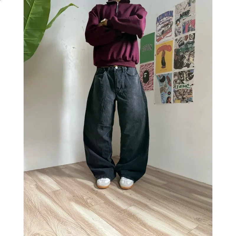 High street geometric print black oversized jeans men clothing y2k clothing 2000s American casual straight baggy pants 240819