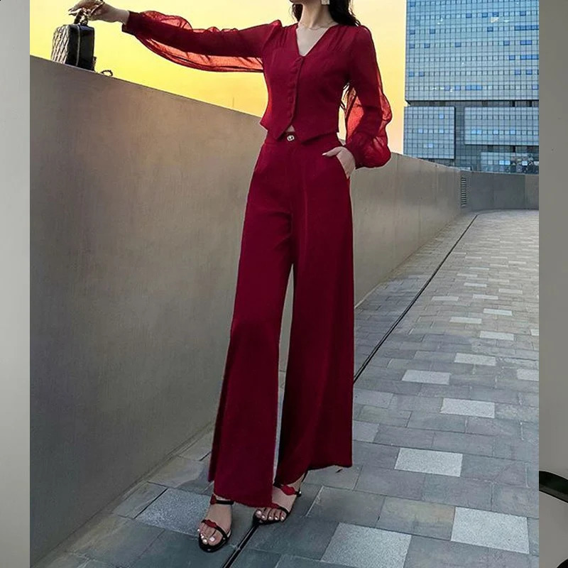 Summer Solid Color Suit Women V-neck Slim Long Sleeve Lace Patchwork Button Cardigan and Zipper High Waist Wide Leg Trousers 240819