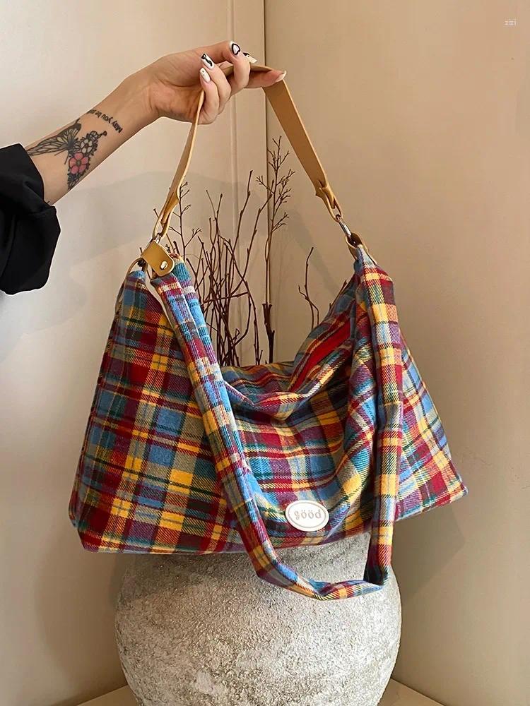 Hobo Canvas Bag Women's Tote Large Capacity Summer Crossbody 2024 Casual Plaid College Class High Quality Travel 05f0