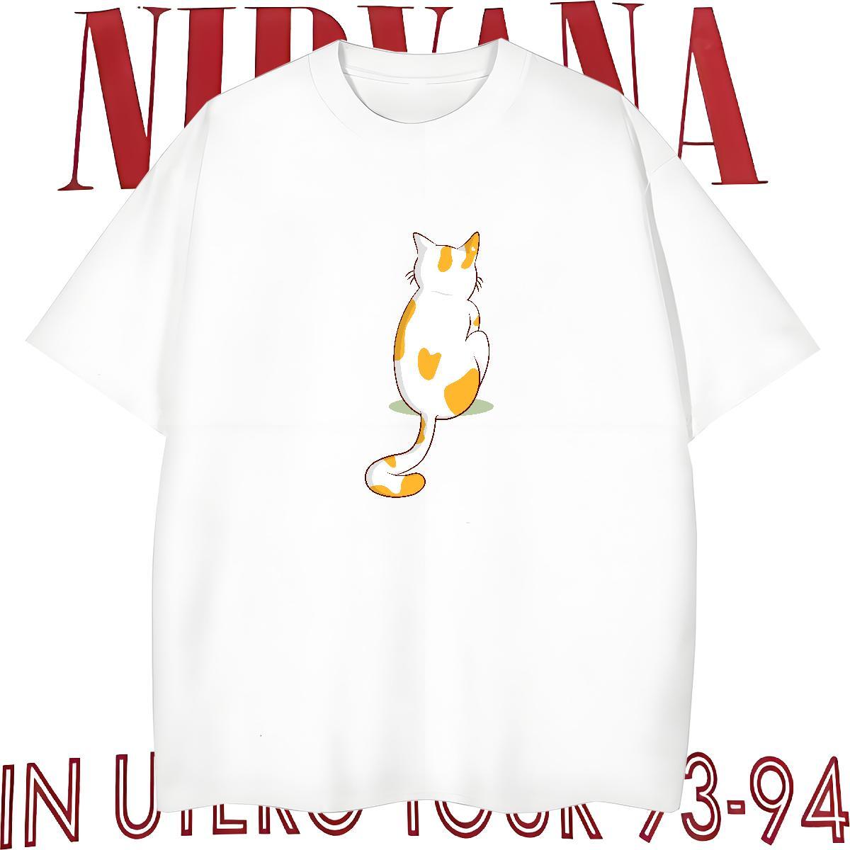DIY Couples T Shirts cat Beach 100% Cotton 230g Wear Breathable Crew Neck Loose Fit T Shirts Men White Plus Size
