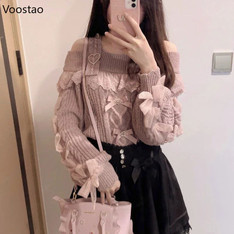 Japanese Cute Lolita Style Knitted Pullover Autumn Women Sweet Hearts Buckle Off Shoulder Lace Bow Sweater Girls Vintage Tops 240819