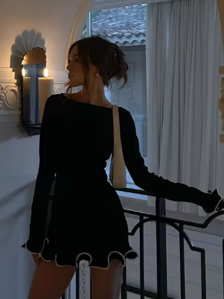 Elegant Knitted Black Mini Dress Womens Autumn Long Sleeve Ruffle Fashion Party Short Sweater 240819