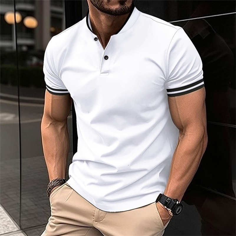Mens summer fashion classic solid color threaded stand up collar polo shirt button mens casual versatile sports polo shirt 240819