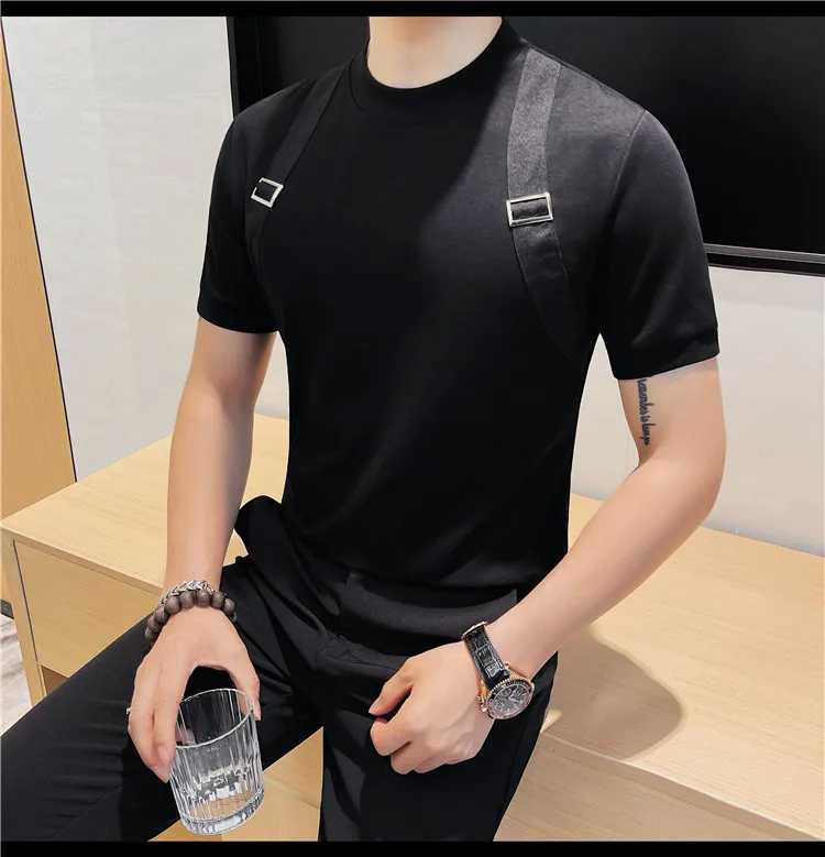 Black/White T-Shirts For Men Personalized Shoulder Strapss Short Sleeve Mens T Shirt Slim Fit Summer Casual Tops Tees Homme 4XLXJ240819