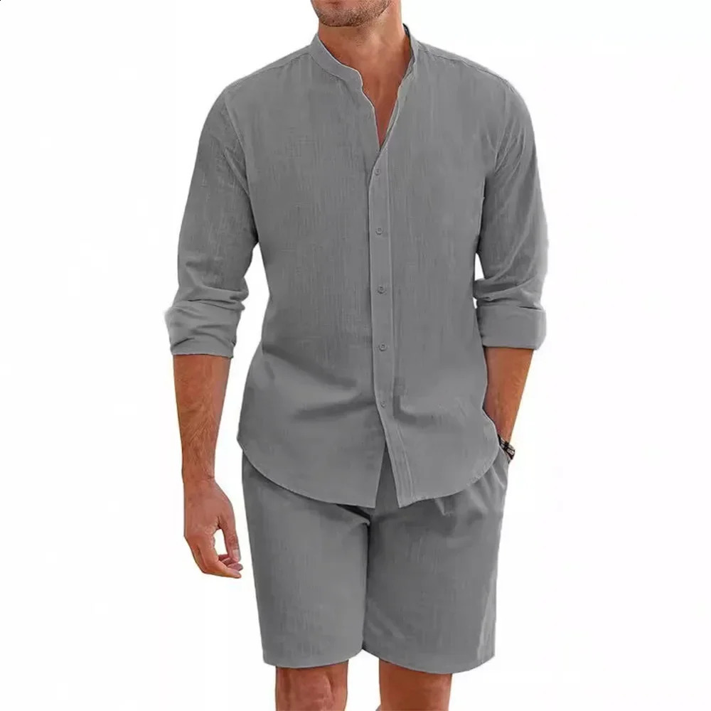 2 Pcs Sets Mens Summer Cotton Linen Shirt and Shorts Cardigan Simple Casual Beach Shirts Comfortable Hawaii Wear i240819