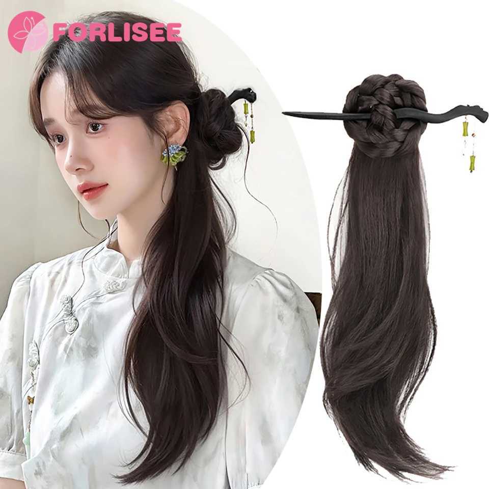 Forlisee synthetic wig ponytail womens ancient Chinese style high ponytail wig claw clip braided hair slightly curled ponytail W240817