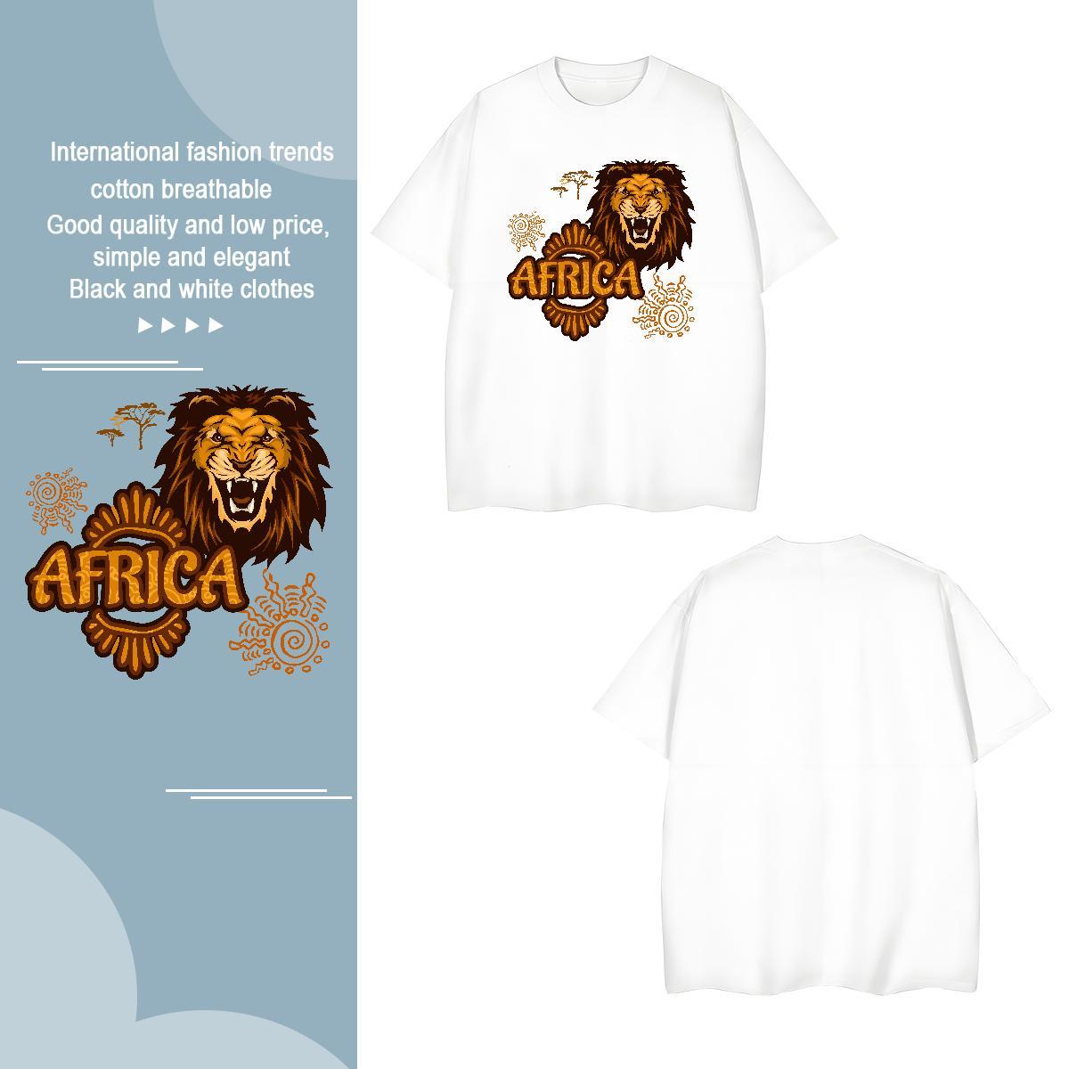 Popular T-Shirts Africa lion Breathable Short Sleeve Casual Floral Print 230g Pure Cotton Tshirts Stylist Clothes