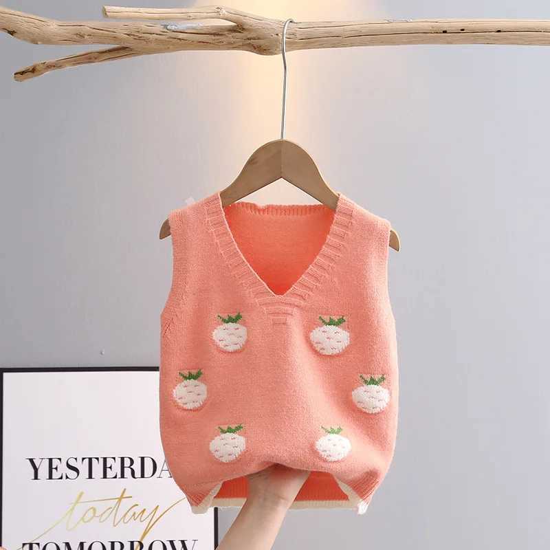 Sleeveless Sweater for Girls Spring Fall V-neck Children Knitwear Baby Girl Knit Vest Cartoon Strawberry Kids Waistcoats GY03083XJ240819