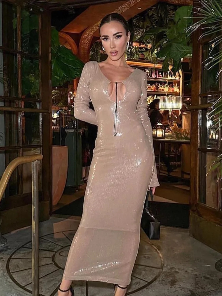 Sequin Lace Up Backless Long Dresses Deep V Flash Sparkling Sexy Long Sleeve Temperament Leakback Champagne Women Evening Dress 240819