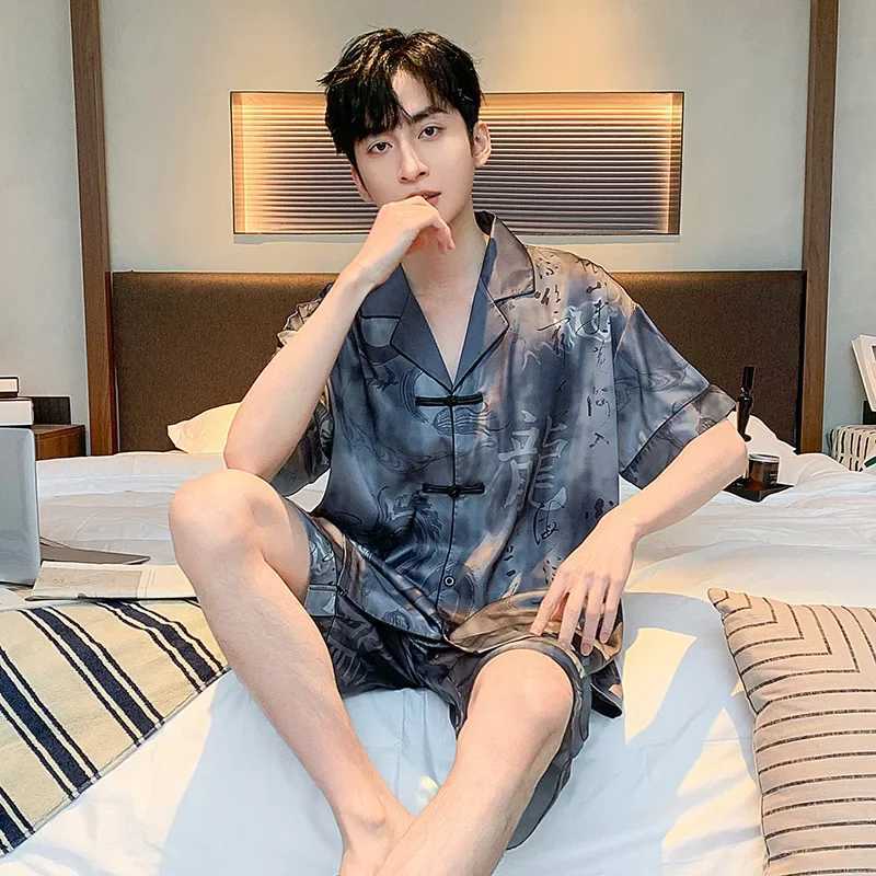 2024 Summer New Mens Pajama Set with Silk Ice Silk Loose Comfortable Pajama SetW240719