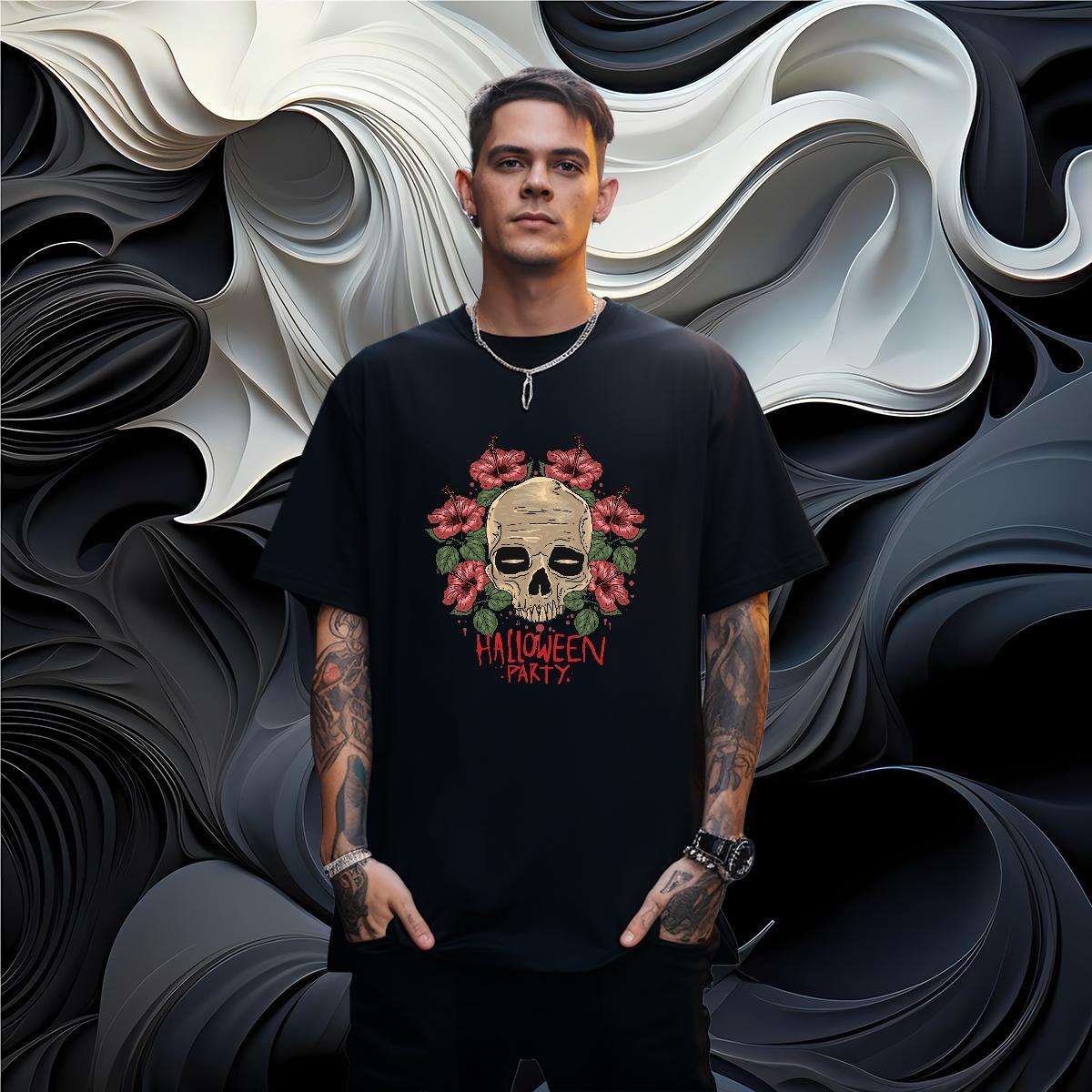 Unisex T Shirt For Man skull O-Neck Short Sleeve Beach Floral Print 230g Pure Cotton Men Tees 2024 Summer Clothes